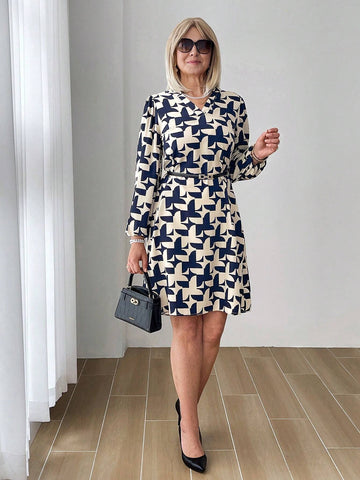 EMERY ROSE Women's Casual All-Over Print Slash Neck Short Dress, Autumn