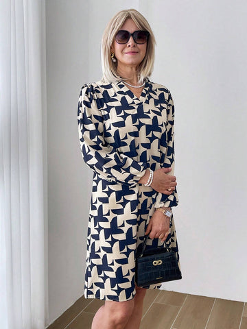 EMERY ROSE Women's Casual All-Over Print Slash Neck Short Dress, Autumn