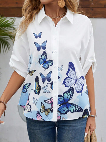 EMERY ROSE Women's Casual Butterfly Printed Shirt For Summer