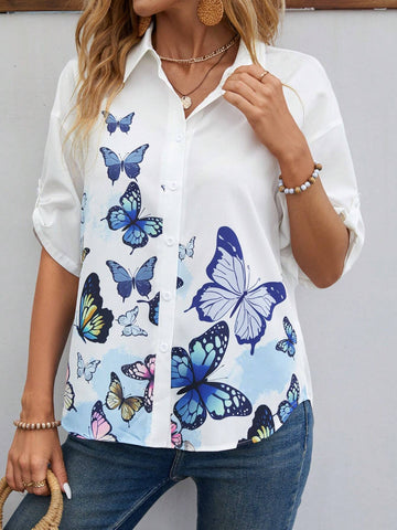EMERY ROSE Women's Casual Butterfly Printed Shirt For Summer