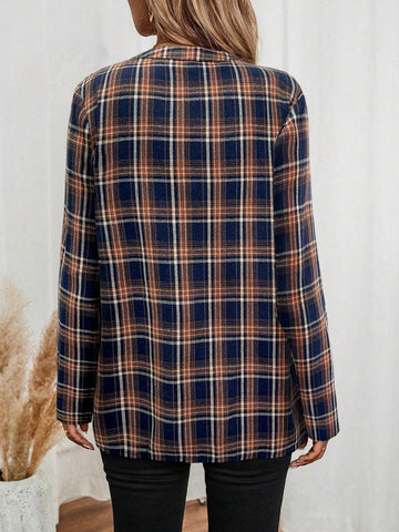 EMERY ROSE Women's Casual Daily Checkered Cut-Out Collar Shirt For Autumn