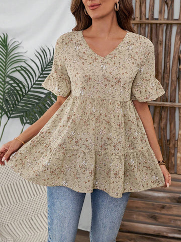 EMERY ROSE Women's Casual Ditsy Floral Ruffled Hem Shirt, Summer