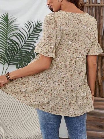 EMERY ROSE Women's Casual Ditsy Floral Ruffled Hem Shirt, Summer