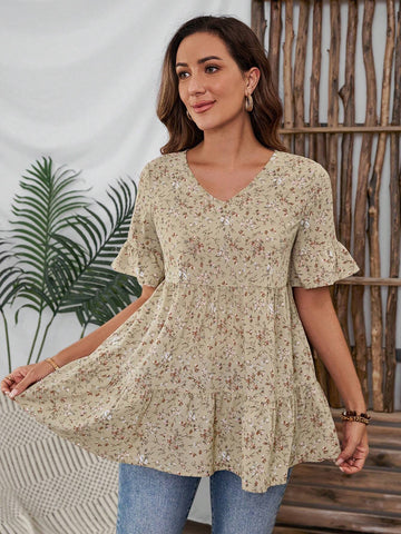 EMERY ROSE Women's Casual Ditsy Floral Ruffled Hem Shirt, Summer