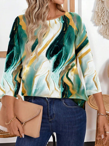 EMERY ROSE Women's Casual Elegant Forest Green Marble Pattern Round Neck 3/4 Sleeve Fitted Blouse