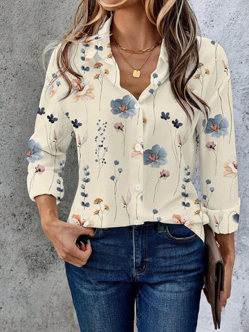 EMERY ROSE Women's Casual Floral Print Batwing Loose Long Sleeve Shirt, Spring Autumn