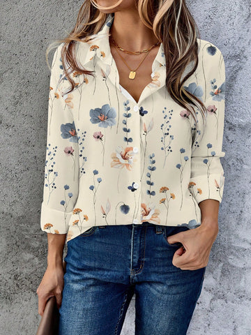 EMERY ROSE Women's Casual Floral Print Batwing Loose Long Sleeve Shirt, Spring Autumn