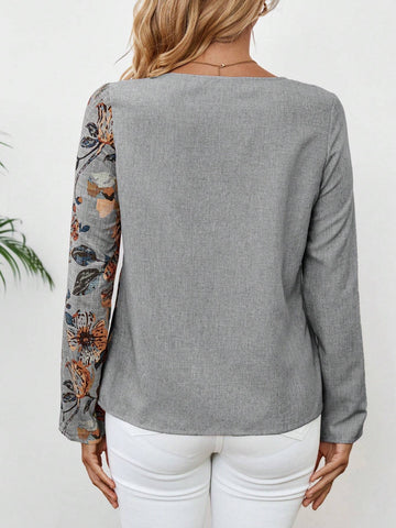 EMERY ROSE Women's Casual Floral Print Patchwork Shirt, Autumn