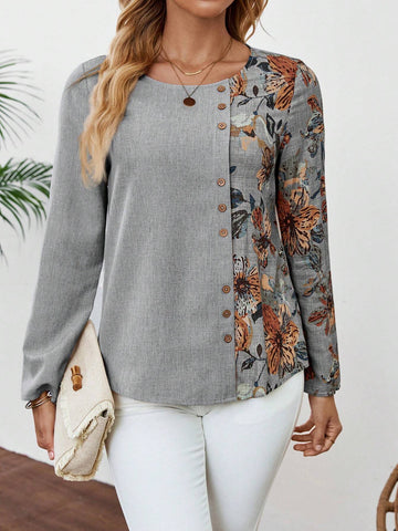 EMERY ROSE Women's Casual Floral Print Patchwork Shirt, Autumn