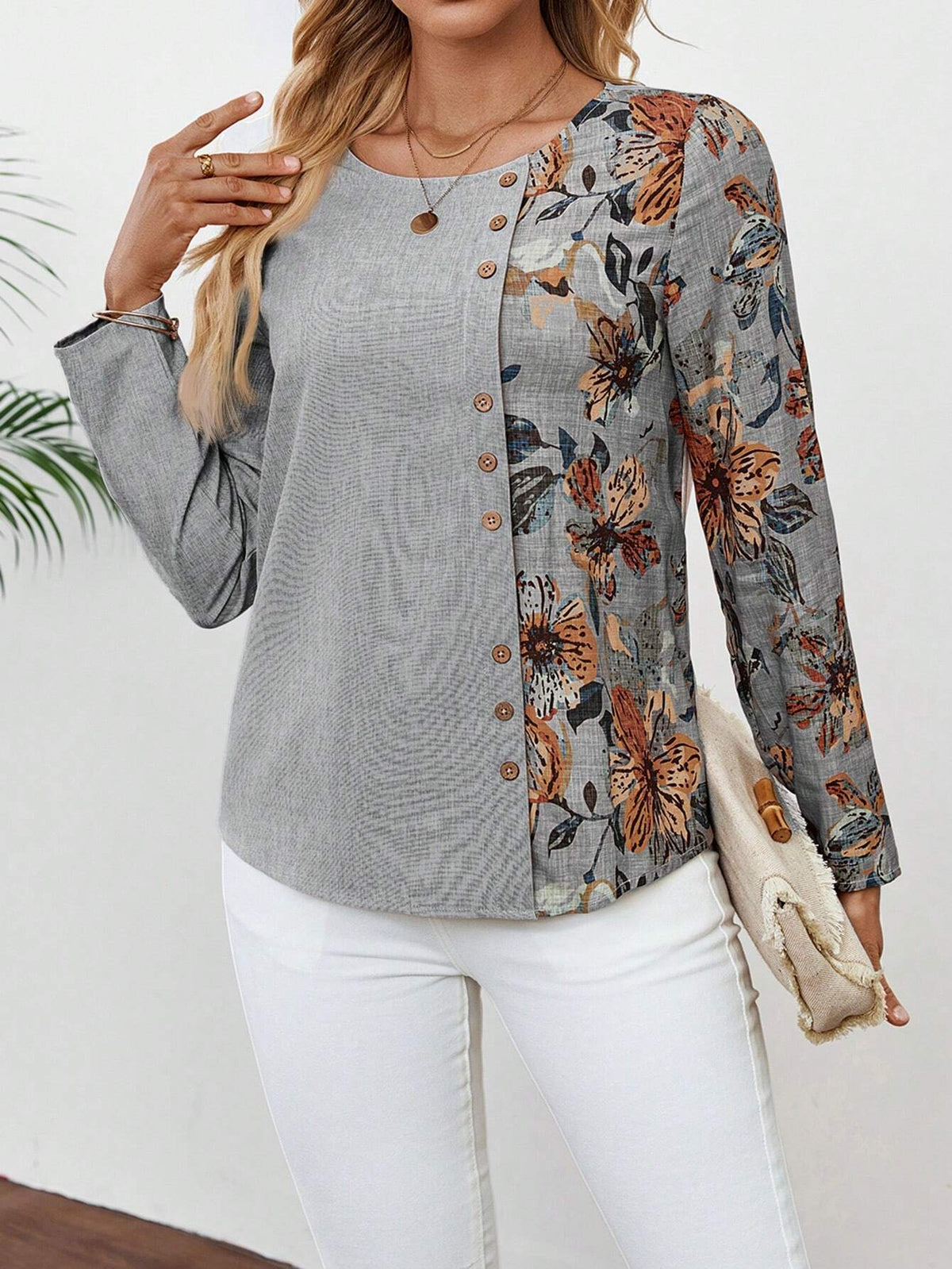EMERY ROSE Women's Casual Floral Print Patchwork Shirt, Autumn