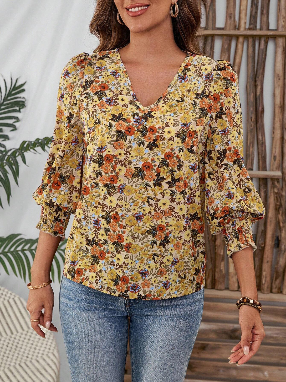 EMERY ROSE Women's Casual Floral Print Shirred Gathered Cuff Blouse, Autumn