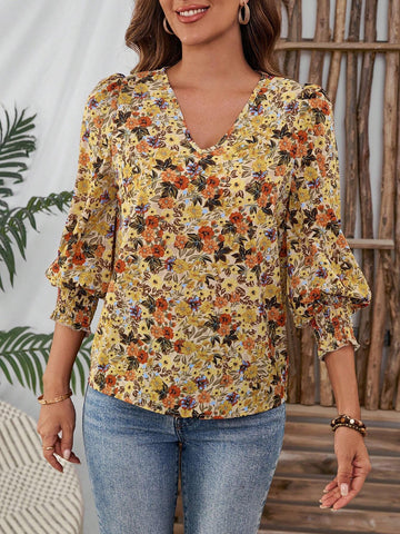 EMERY ROSE Women's Casual Floral Print Shirred Gathered Cuff Blouse, Autumn