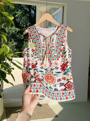 EMERY ROSE Women's Casual Floral Print Sleeveless Shirt For Vacation