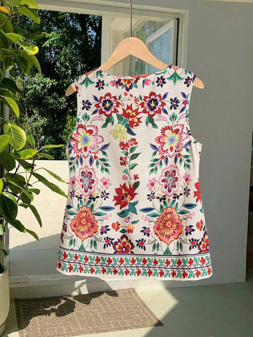 EMERY ROSE Women's Casual Floral Print Sleeveless Shirt For Vacation