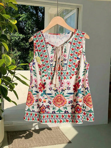 EMERY ROSE Women's Casual Floral Print Sleeveless Shirt For Vacation