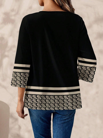 EMERY ROSE Women's Casual Geometric Print Oversized Round Neck 3/4 Sleeve Shirt, Autumn/Winter