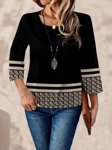 EMERY ROSE Women's Casual Geometric Print Oversized Round Neck 3/4 Sleeve Shirt, Autumn/Winter