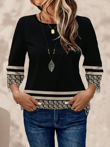 EMERY ROSE Women's Casual Geometric Print Oversized Round Neck 3/4 Sleeve Shirt, Autumn/Winter