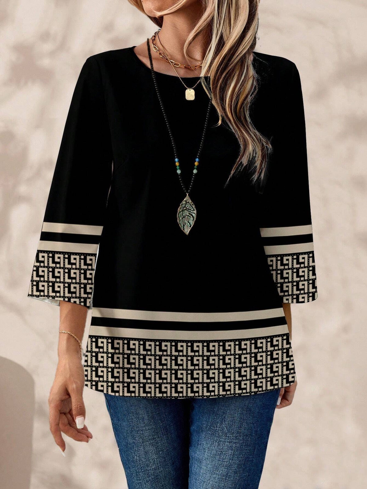 EMERY ROSE Women's Casual Geometric Print Oversized Round Neck 3/4 Sleeve Shirt, Autumn/Winter