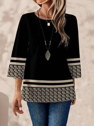 EMERY ROSE Women's Casual Geometric Print Oversized Round Neck 3/4 Sleeve Shirt, Autumn/Winter