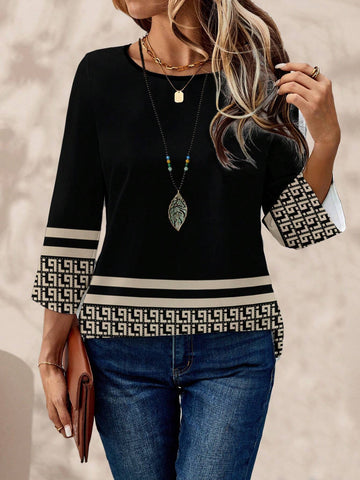 EMERY ROSE Women's Casual Geometric Print Oversized Round Neck 3/4 Sleeve Shirt, Autumn/Winter