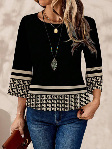 EMERY ROSE Women's Casual Geometric Print Oversized Round Neck 3/4 Sleeve Shirt, Autumn/Winter