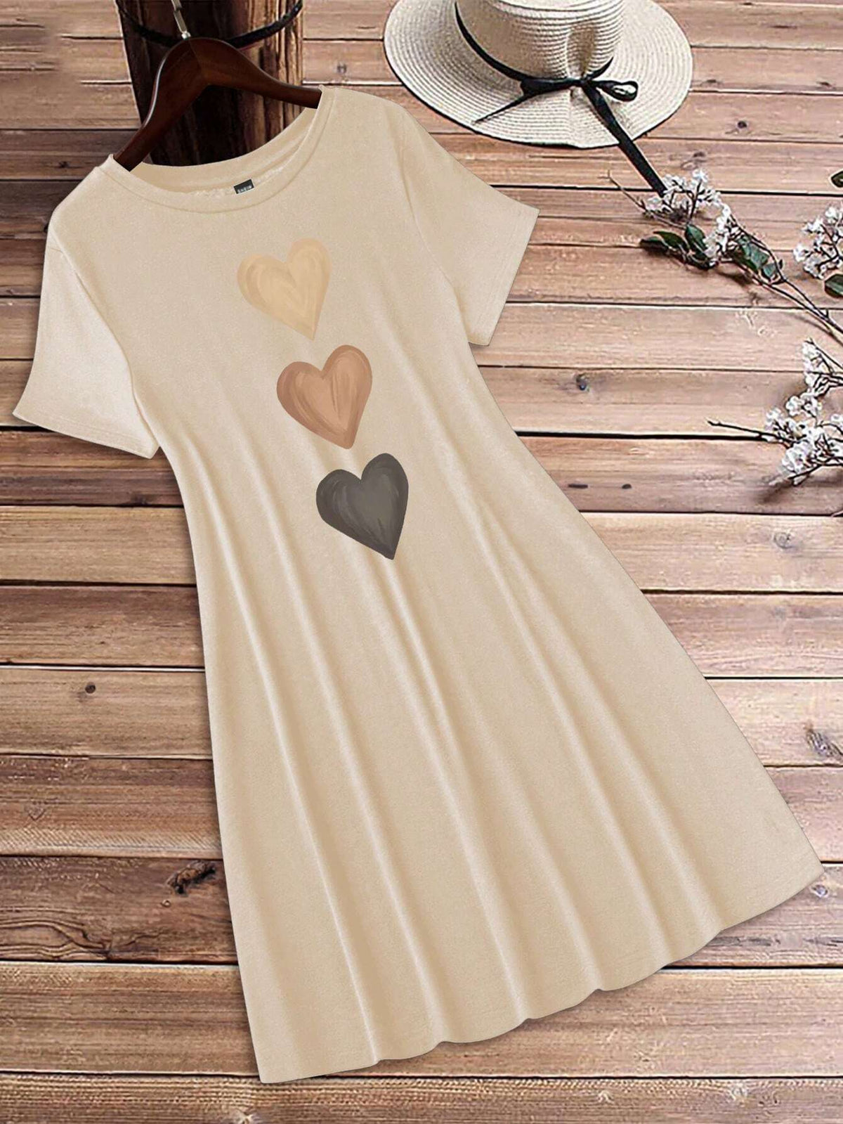 EMERY ROSE Women's Casual Heart Pattern Round Neck Short Sleeve Casual Short Dress Suitable For Summer