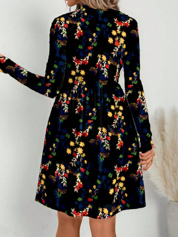 EMERY ROSE Women's Casual Long Sleeve Ditsy Floral Dress, Autumn