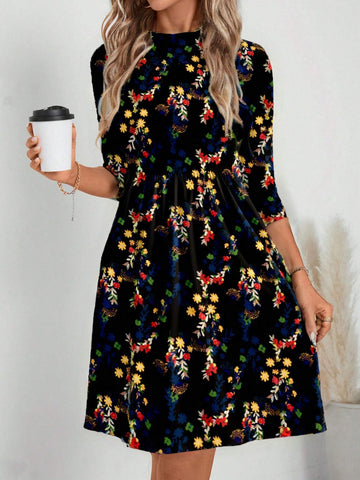 EMERY ROSE Women's Casual Long Sleeve Ditsy Floral Dress, Autumn