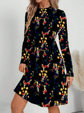 EMERY ROSE Women's Casual Long Sleeve Ditsy Floral Dress, Autumn