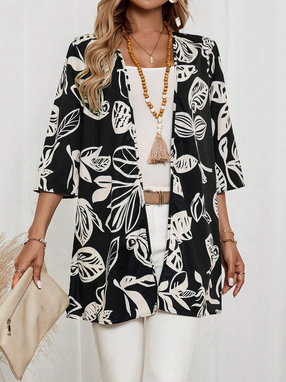 EMERY ROSE Women's Casual Loose Leaf Pattern 3/4 Sleeve Summer Blouse