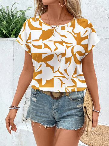 EMERY ROSE Women's Casual Loose Leaf Pattern Round Neck Shirt, Suitable For Summer