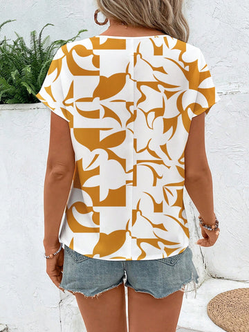 EMERY ROSE Women's Casual Loose Leaf Pattern Round Neck Shirt, Suitable For Summer