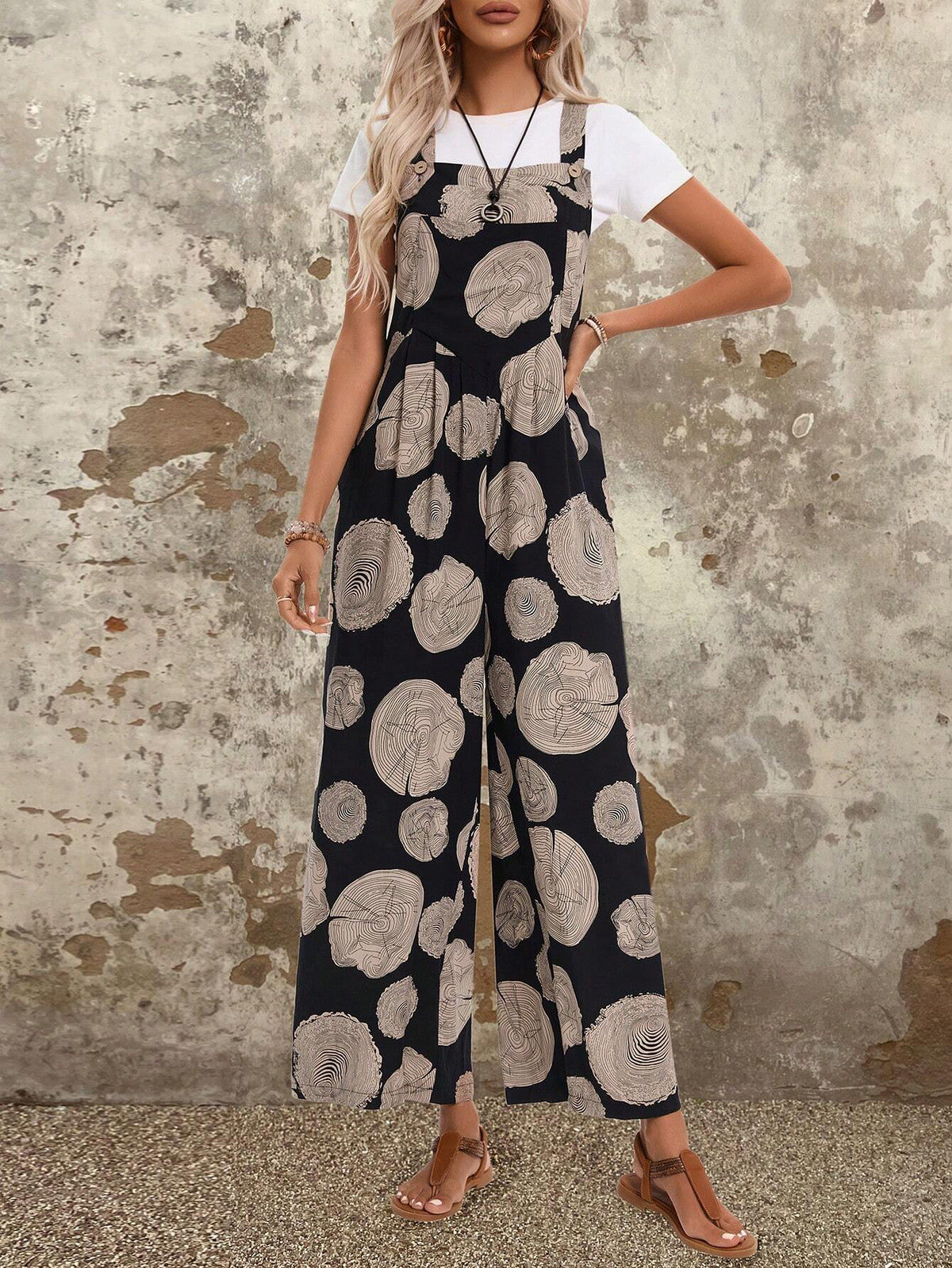 EMERY ROSE Women's Casual Loose Wide-Leg Jumpsuit With Tree Printed Suspenders Summer Jumpers And Women Rompers