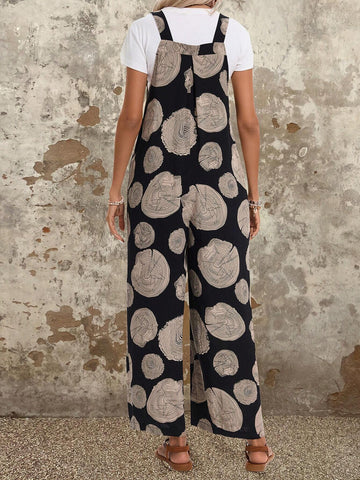 EMERY ROSE Women's Casual Loose Wide-Leg Jumpsuit With Tree Printed Suspenders Summer Jumpers And Women Rompers
