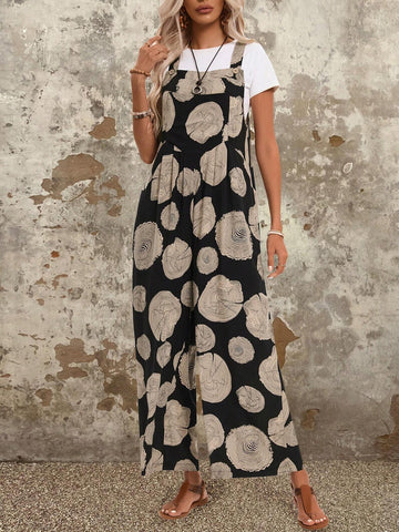 EMERY ROSE Women's Casual Loose Wide-Leg Jumpsuit With Tree Printed Suspenders Summer Jumpers And Women Rompers