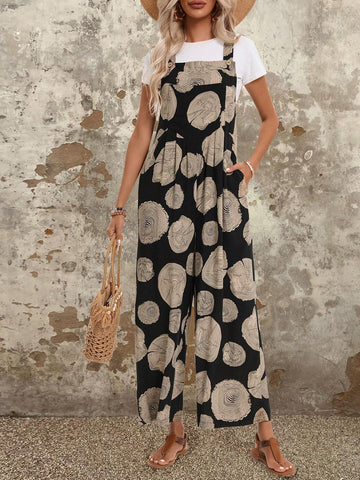 EMERY ROSE Women's Casual Loose Wide-Leg Jumpsuit With Tree Printed Suspenders Summer Jumpers And Women Rompers