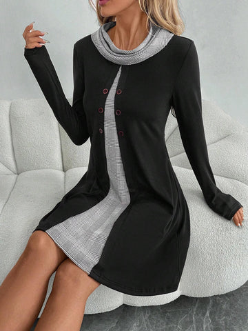 EMERY ROSE Women's Casual Patchwork Plaid Turtleneck Long Sleeve Button Design Short Dress For Autumn