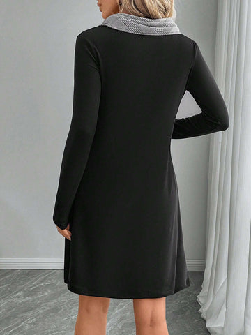 EMERY ROSE Women's Casual Patchwork Plaid Turtleneck Long Sleeve Button Design Short Dress For Autumn