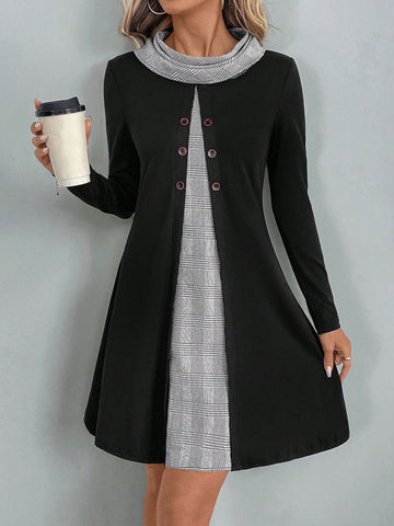 EMERY ROSE Women's Casual Patchwork Plaid Turtleneck Long Sleeve Button Design Short Dress For Autumn