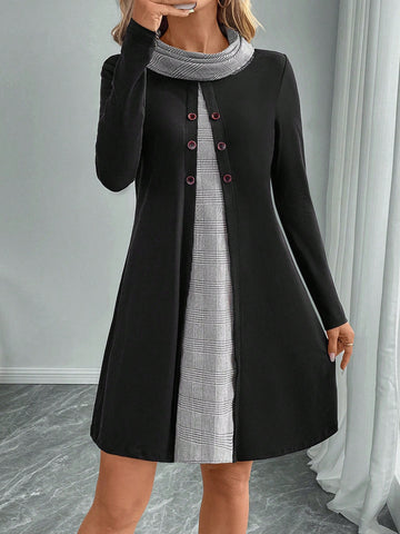 EMERY ROSE Women's Casual Patchwork Plaid Turtleneck Long Sleeve Button Design Short Dress For Autumn