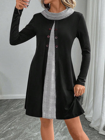 EMERY ROSE Women's Casual Patchwork Plaid Turtleneck Long Sleeve Button Design Short Dress For Autumn