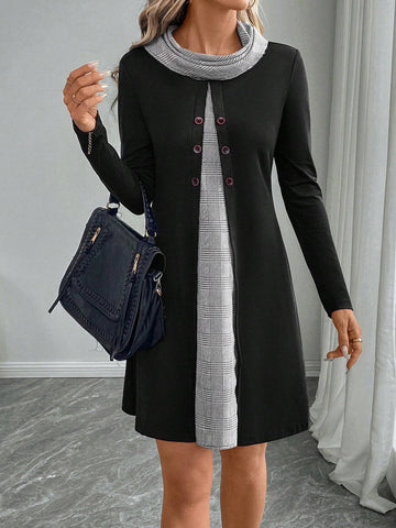 EMERY ROSE Women's Casual Patchwork Plaid Turtleneck Long Sleeve Button Design Short Dress For Autumn