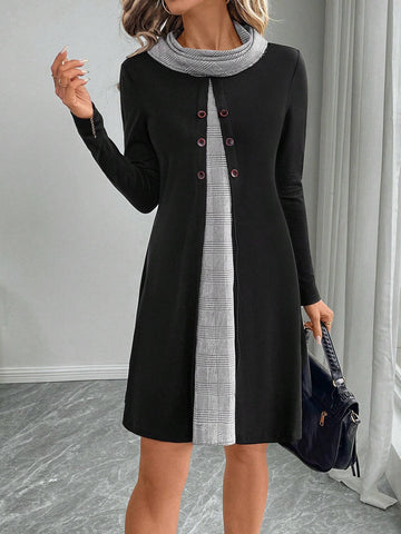 EMERY ROSE Women's Casual Patchwork Plaid Turtleneck Long Sleeve Button Design Short Dress For Autumn