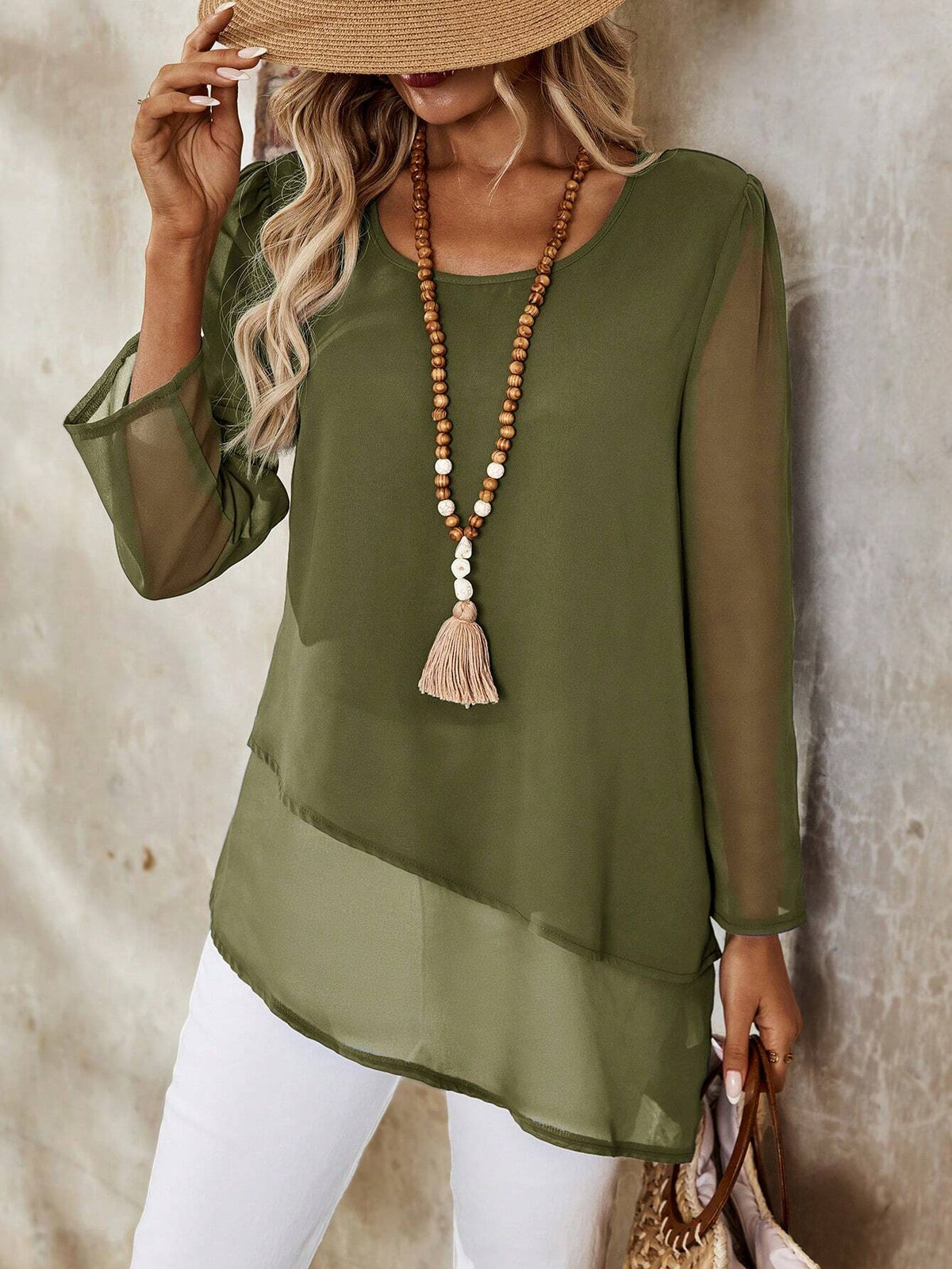 EMERY ROSE Women's Casual Round Neck Loose Fit Long Sleeve Shirt, Autumn