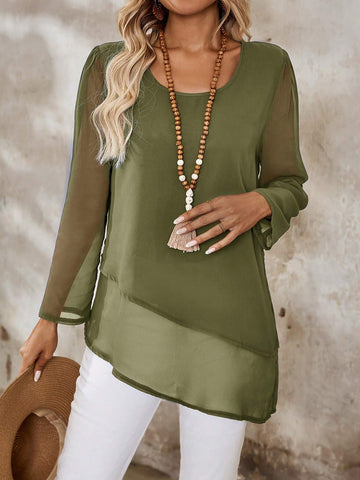 EMERY ROSE Women's Casual Round Neck Loose Fit Long Sleeve Shirt, Autumn