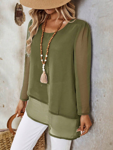 EMERY ROSE Women's Casual Round Neck Loose Fit Long Sleeve Shirt, Autumn