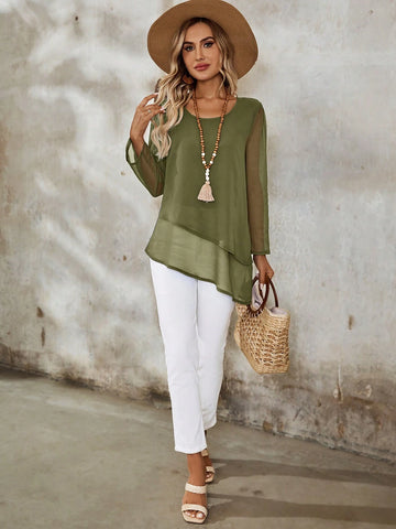 EMERY ROSE Women's Casual Round Neck Loose Fit Long Sleeve Shirt, Autumn