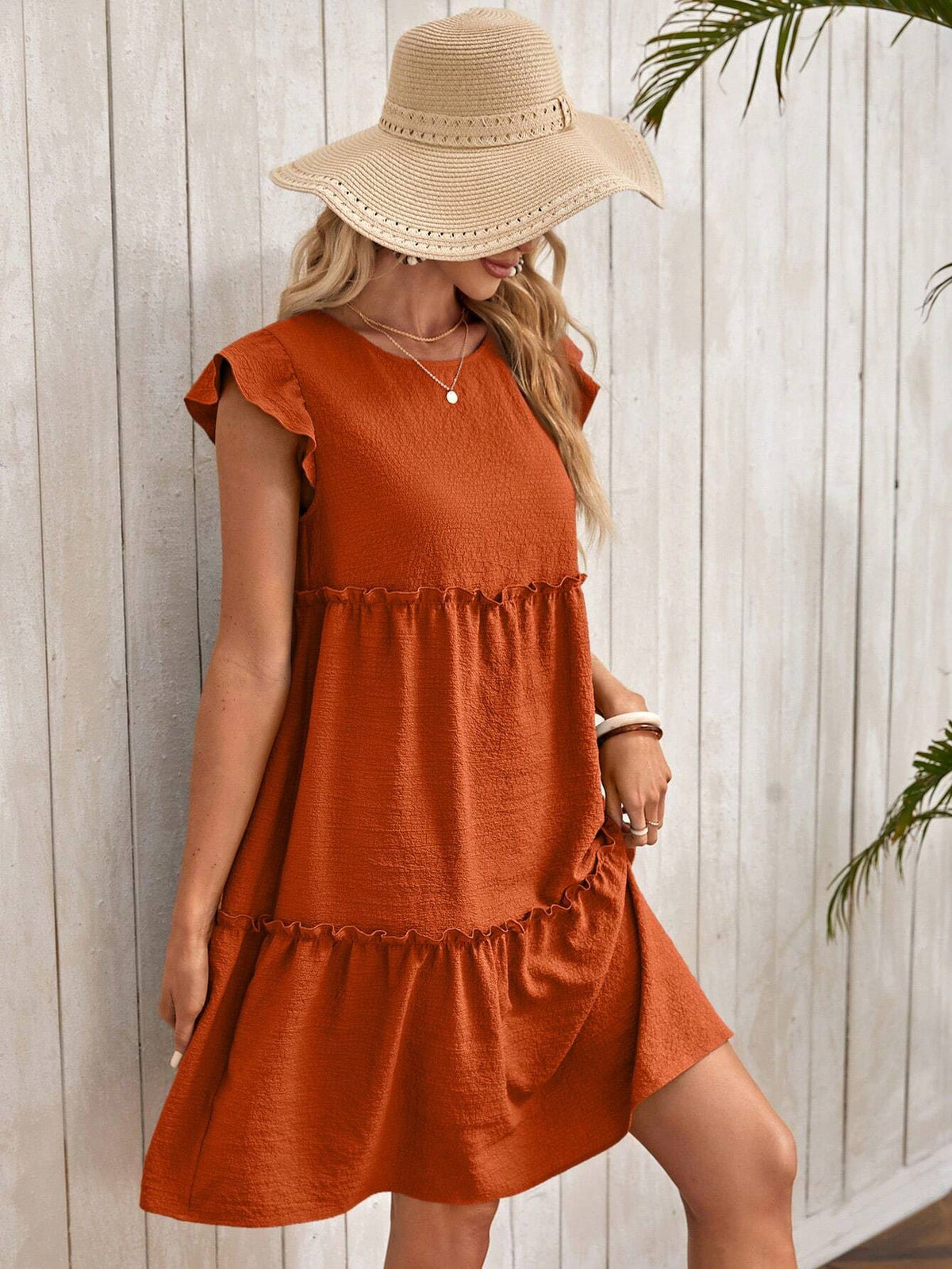 EMERY ROSE Women's Casual Round Neck Ruffled Sleeve Loose Vacation Dress