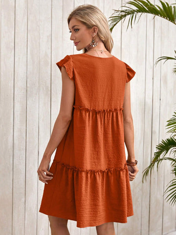 EMERY ROSE Women's Casual Round Neck Ruffled Sleeve Loose Vacation Dress